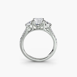 Three stone split shank pavé engagement ring setting with emerald-cut center, crafted by LabGrownDiamonds.com.