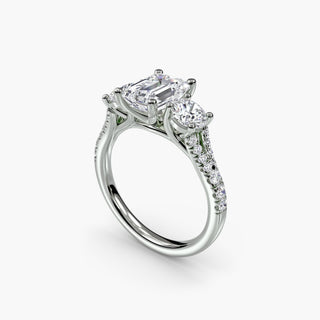 Three stone split shank pavé engagement ring setting with emerald-cut center, crafted by LabGrownDiamonds.com, shown from four angles.