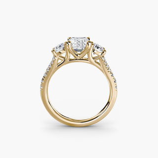 Three stone split shank pavé engagement ring setting with emerald cut center from LabGrownDiamonds.com, shown from front.