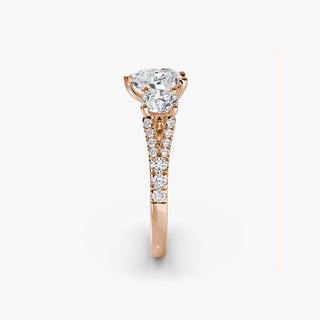 Three stone split shank pavé engagement ring setting with heart-shaped side accents, crafted by LabGrownDiamonds.com.