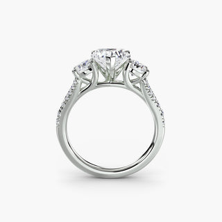 Three stone split shank pave engagement ring setting with heart-shaped accents in white gold from LabGrownDiamonds.com.