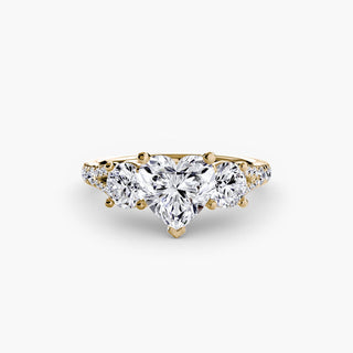 Three stone split shank pavé engagement ring setting in yellow gold with heart-shaped accents, showcasing LabGrownDiamonds.com craftsmanship.