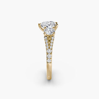 Three stone split shank pavé engagement ring setting with heart-shaped side accents, crafted by LabGrownDiamonds.com.