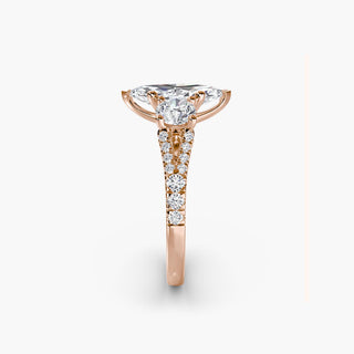 Three stone split shank pavé engagement ring setting with marquise side stones on a white background.