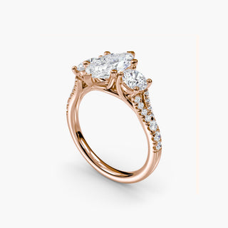 Three stone split shank pavé engagement ring setting with marquise accents, crafted by LabGrownDiamonds.com from four angles.