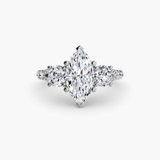 Three stone split shank pavé engagement ring setting with marquise-shaped accents in white gold, showcasing intricate craftsmanship.