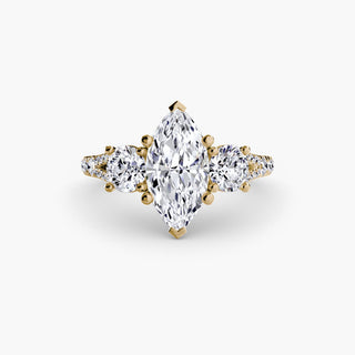 Three stone split shank pavé engagement ring setting with marquise accents in yellow gold from LabGrownDiamonds.com