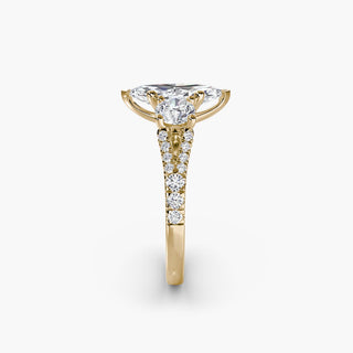 Three stone split shank pavé engagement ring setting with marquise side stones in yellow gold from LabGrownDiamonds.com