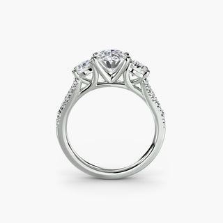 Three stone split shank pavé engagement ring setting with oval diamonds in white gold, showcasing elegant craftsmanship.