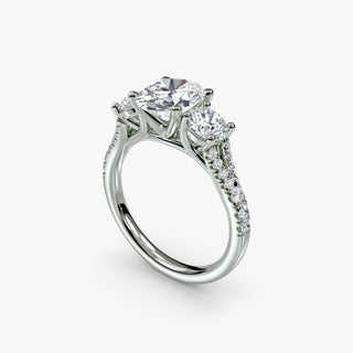 Three stone split shank pavé engagement ring setting with oval diamonds in white gold, featuring intricate detailing from LabGrownDiamonds.com.