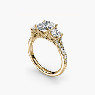 Three stone split shank pavé engagement ring setting with oval diamonds, crafted by LabGrownDiamonds.com, shown from four angles.
