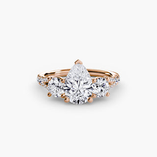 Three stone split shank pave engagement ring setting with pear-shaped center, crafted by LabGrownDiamonds.com.