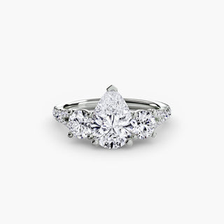 Three stone split shank pave engagement ring setting with pear-shaped center, crafted by LabGrownDiamonds.com.