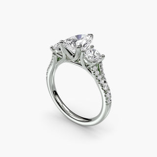 Three stone split shank pavé engagement ring setting with pear-shaped diamonds in white gold, from LabGrownDiamonds.com.
