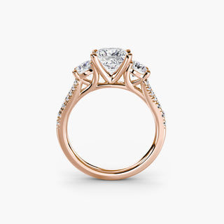 LabGrownDiamonds.com three stone split shank pavé engagement ring setting with a princess cut diamond, shown from the front.