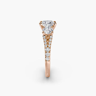 Three stone split shank pavé engagement ring setting with side view, showcasing intricate design and sparkling diamond accents.