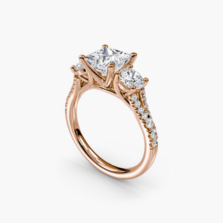 Three stone split shank pavé engagement ring setting with detailed metalwork and sparkling accents, designed for lab-grown diamonds.