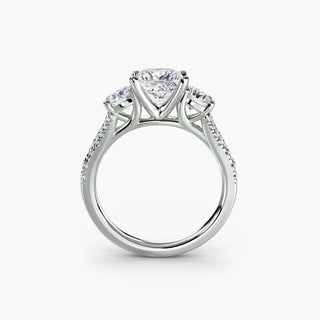 Three stone split shank pavé engagement ring setting with princess cut diamonds, crafted by LabGrownDiamonds.com, shown from the front.