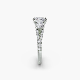 Three stone split shank pavé engagement ring setting with princess cut center stones in white gold, from LabGrownDiamonds.com