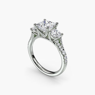 Three stone split shank pavé engagement ring setting with princess cut diamonds in white gold, from LabGrownDiamonds.com.