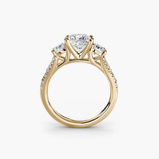 Three stone split shank pavé engagement ring setting with princess-cut center stone from LabGrownDiamonds.com, front view.