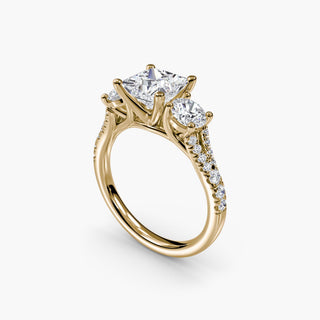 Three stone split shank pavé engagement ring setting with princess cut diamonds, featuring intricate detailing from LabGrownDiamonds.com