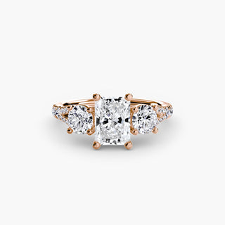 Three stone split shank pavé engagement ring setting with radiant lab-grown diamonds, viewed from above.