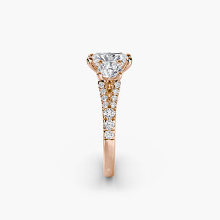 Three stone split shank pavé engagement ring setting with radiant cut center and side stones, from LabGrownDiamonds.com.