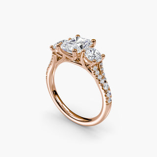 Three stone split shank pave engagement ring setting featuring sparkling lab-grown diamonds, shown from four angles.