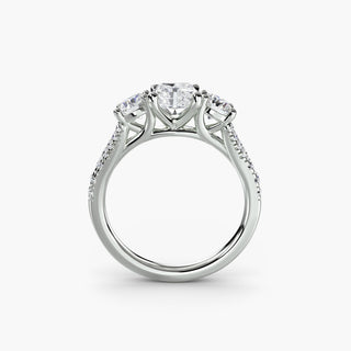 Three stone split shank pavé engagement ring setting with radiant lab-grown diamonds, displayed from a front angle.