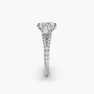 Three stone split shank pavé engagement ring setting in white gold with radiant lab-grown diamonds.