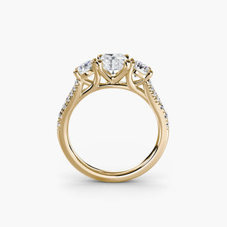 Three stone split shank pavé engagement ring setting by LabGrownDiamonds.com, showcasing a radiant yellow gold design from the front.