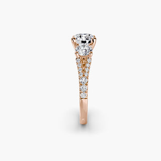 Three stone split shank pave engagement ring setting with round diamonds, featuring intricate detailing and a elegant design.