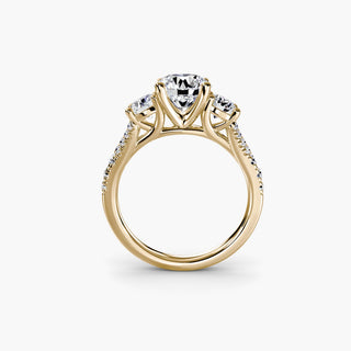 Three stone split shank pavé engagement ring setting with round diamonds in yellow gold, from LabGrownDiamonds.com.