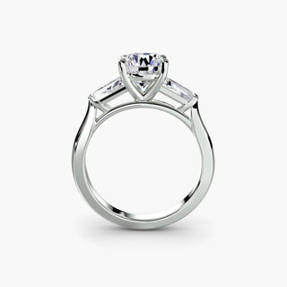 Three stone tapered baguette engagement ring setting in white gold with round diamonds, crafted by LabGrownDiamonds.com.