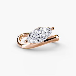 Curved lab grown diamond ring in rose gold, featuring a horizontally set marquise lab grown diamond on a sculptural wave band. || #metal_rose gold