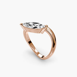Curved lab grown diamond ring in rose gold with a horizontally set marquise lab grown diamond on a sculptural wave band, three-quarter view. || #metal_rose gold