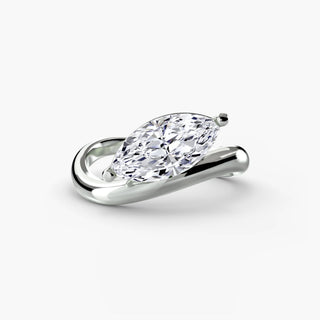 Curved lab grown diamond ring in white gold, featuring a horizontally set marquise lab grown diamond on a sculptural wave band. || #metal_white gold|platinum