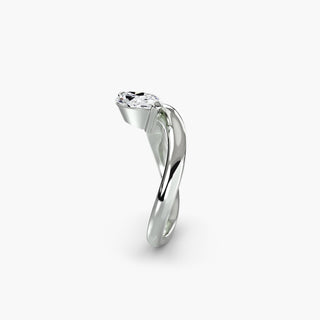 Curved lab grown diamond ring in white gold showing the wave band profile with a horizontally set marquise lab grown diamond. || #metal_white gold|platinum