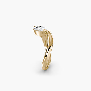 Curved lab grown diamond ring in yellow gold showing the wave band profile with a horizontally set marquise lab grown diamond. || #metal_yellow gold