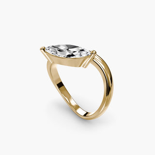 Curved lab grown diamond ring in yellow gold with a horizontally set marquise lab grown diamond on a sculptural wave band, three-quarter view. || #metal_yellow gold