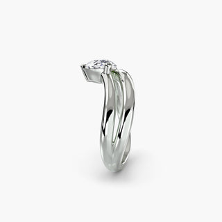 Wave lab grown diamond ring in white gold showing the asymmetric wave band profile with a pear-shaped lab grown diamond. || #metal_white gold|platinum