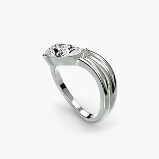 Wave lab grown diamond ring in white gold with a pear-shaped lab grown diamond on a sculptural wave band, three-quarter view. || #metal_white gold|platinum