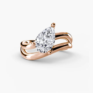 Double wave lab grown diamond ring in rose gold, featuring a pear-shaped lab grown diamond framed by two flowing wave bands. || #metal_rose gold
