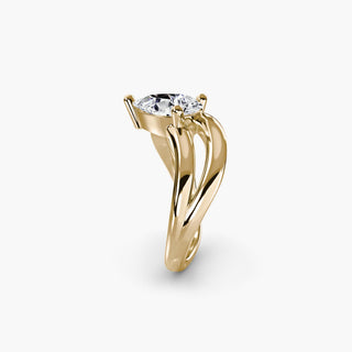 Double wave lab grown diamond ring in yellow gold showing the sculptural double wave band profile with a pear-shaped lab grown diamond. || #metal_yellow gold