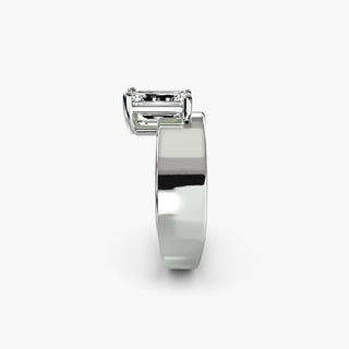 Solitaire engagement ring setting in white gold showing the wide band profile with an emerald-cut lab grown diamond. || #metal_white gold|platinum