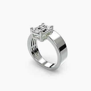 Solitaire engagement ring setting in white gold with an emerald-cut lab grown diamond on a sculptural wide band, three-quarter view. || #metal_white gold|platinum