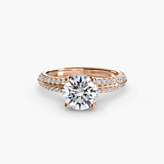 LabGrownDiamonds.com knife-edge pavé engagement ring with round center stone and hidden halo setting, showcasing intricate metalwork.