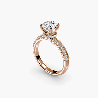 LabGrownDiamonds.com knife-edge pavé engagement ring with round center, wrap hidden halo, showcasing detailed setting from four angles.