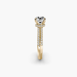 LabGrownDiamonds.com knife-edge pavé engagement ring with round center stone and hidden halo, shown from three side angles.